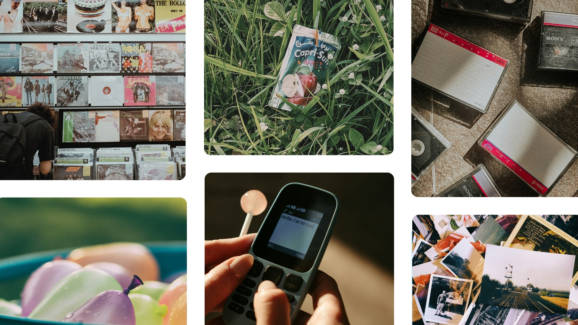 A collage of nostalgic items including vinyl records, a Capri Sun pouch, VHS tapes, old mobile phones, and water balloons—iconic visuals tied to nostalgia marketing.