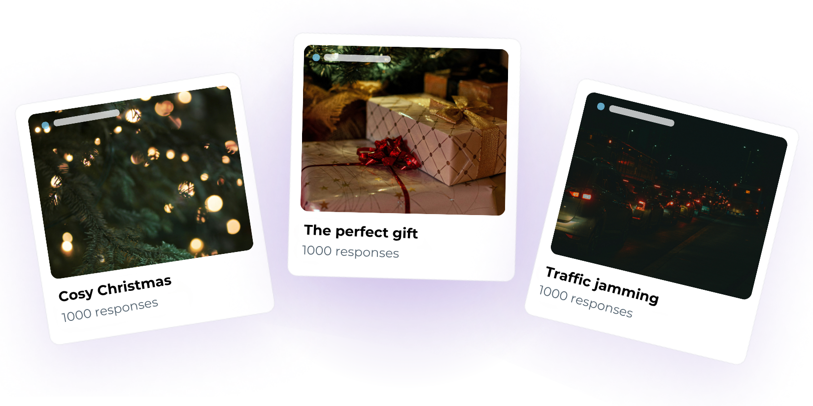 Three festive poll cards titled "Cosy Christmas", "The perfect gift", and "Traffic jamming", each showing 1,000 responses from UK consumers.